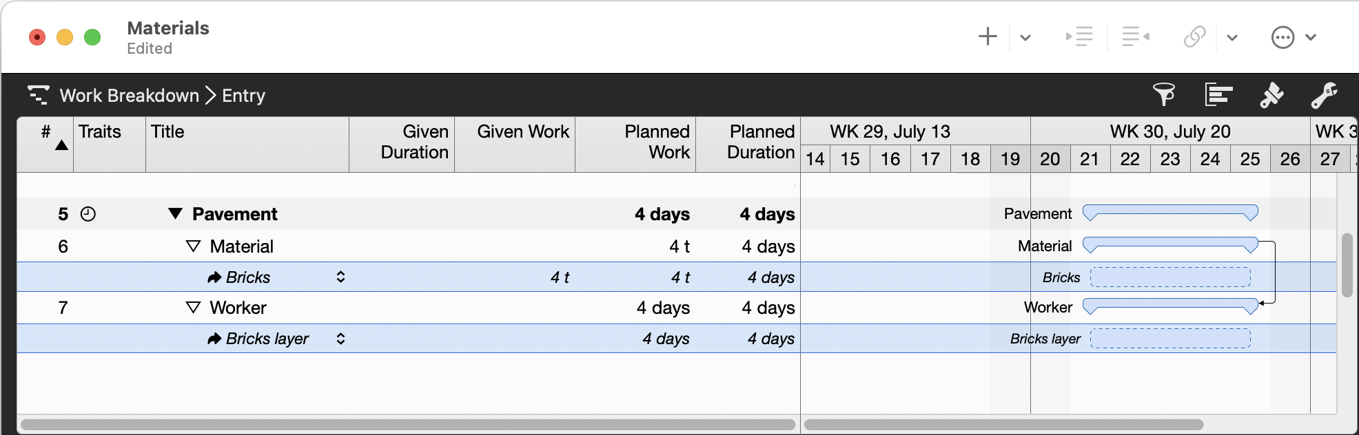 Merlin Project: Sample of a Material Resource assignment - Pavement requiring material and workers
