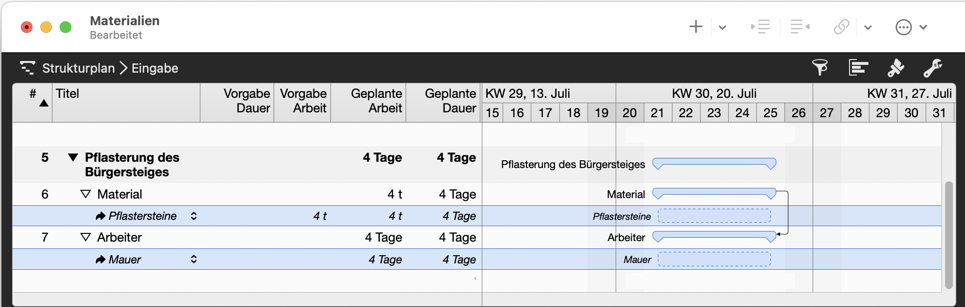 Merlin Projekt: Beispiel für eine Materialressourcenzuweisung - Pflasterung, die Material und Arbeiter erfordert Merlin Projekt: Beispiel für eine Materialressourcenzuweisung - Pflasterung, die Material und Arbeiter erfordert