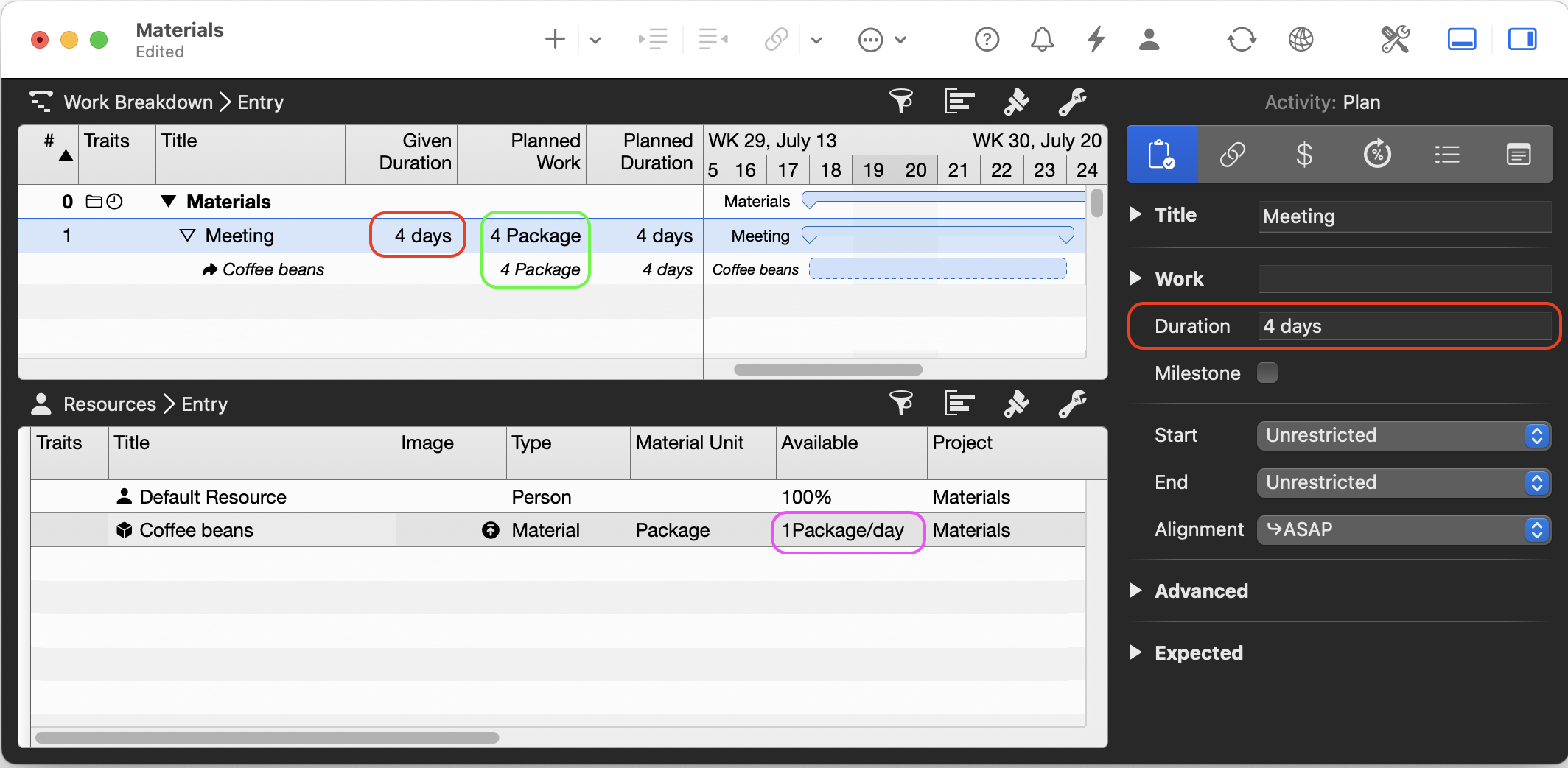 Merlin Project: Sample of a Material Resource assignment - Coffeebeans package for the duration of a Meeting