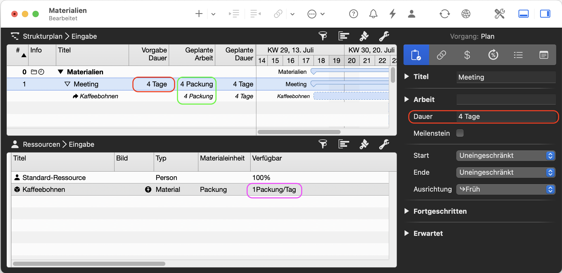 Merlin-Projekt: Beispiel für eine Materialressourcenzuweisung - Kaffeebohnenpaket für die Dauer eines Meetings
