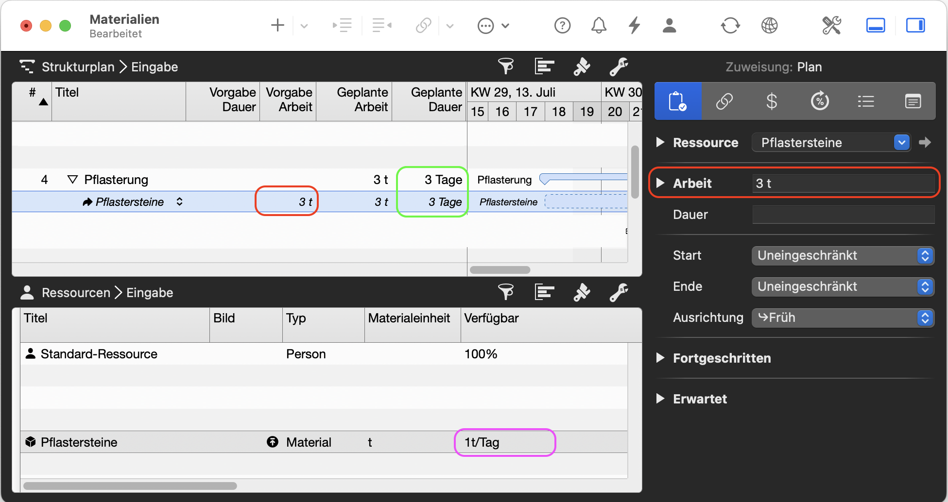 Merlin Projekt: Beispiel einer Materialressourcenzuweisung - Pflasterverlegung basierend auf der verfügbaren Materialmenge Merlin Projekt: Beispiel einer Materialressourcenzuweisung - Pflasterverlegung basierend auf der verfügbaren Materialmenge