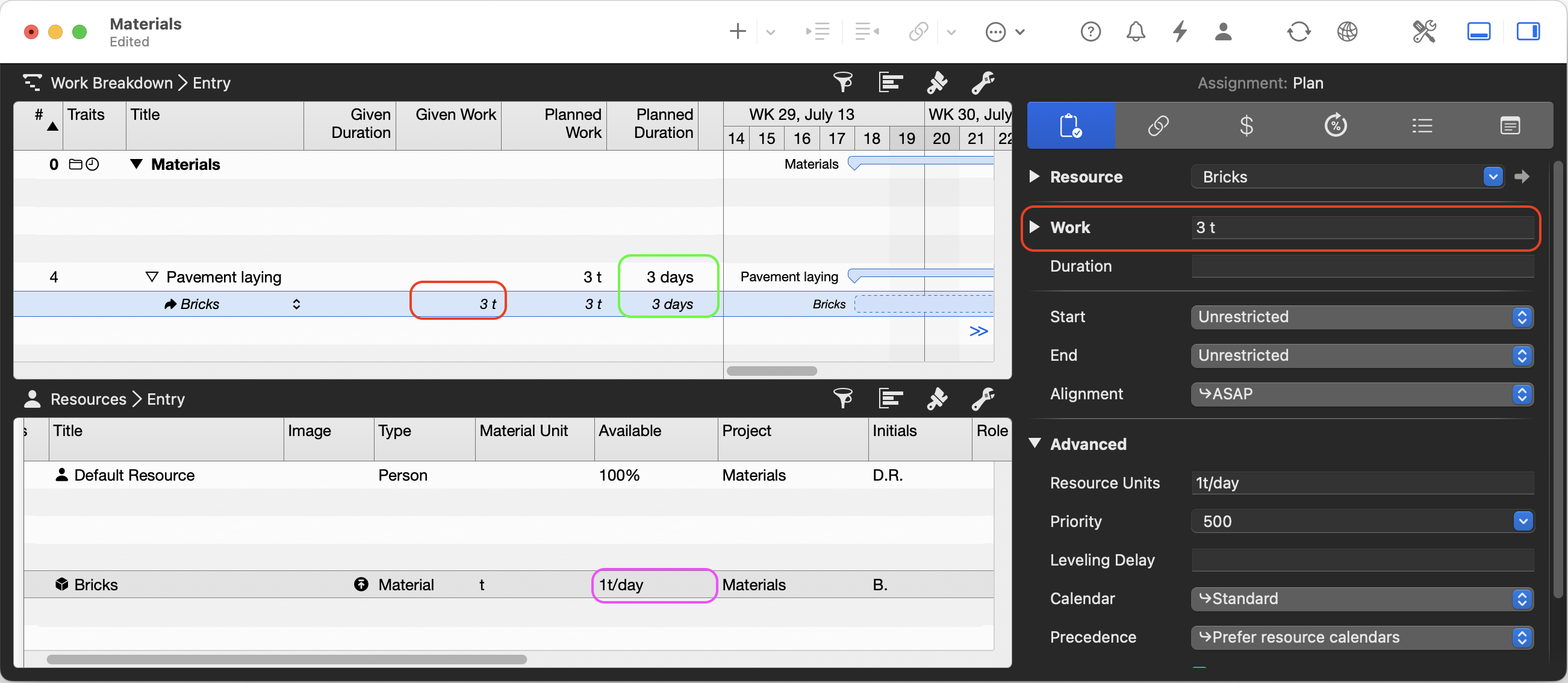 Merlin Project: Sample of a Material Resource assignment - Pavement laying based on the amount of available material