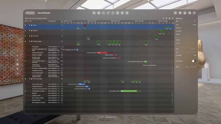 Ressourcenauslastung in Merlin Project auf der Vision Pro