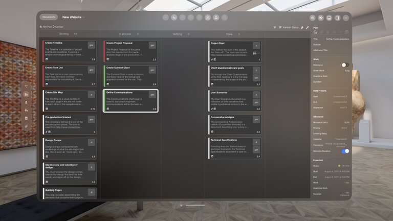 Tableaux Kanban dans Merlin Project sur Vision Pro