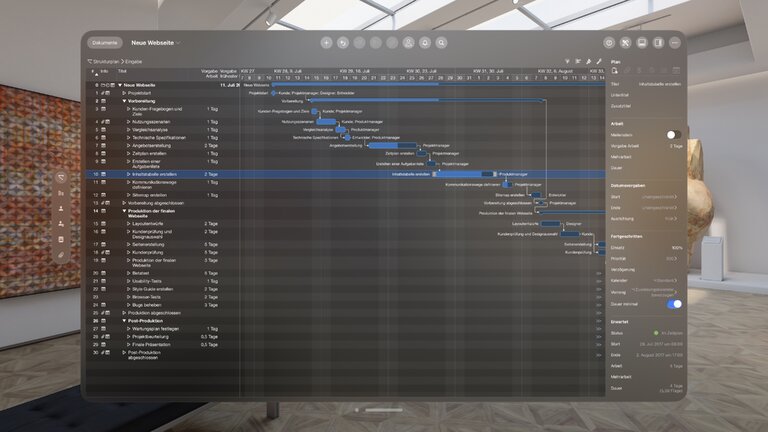 Vorgänge und Meilensteine in Merlin Project auf der Vision Pro