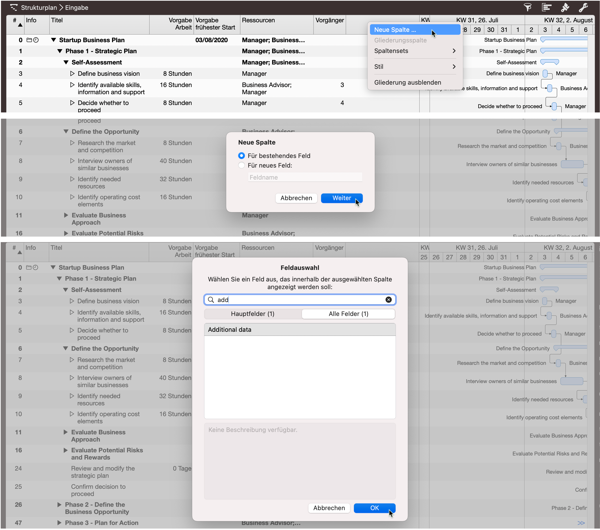 Neue Spalten einfügen in die Ansicht