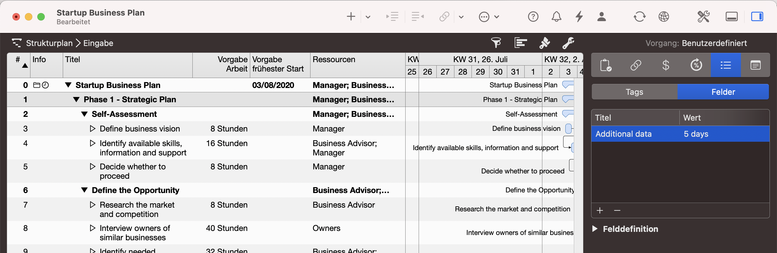 Vorgang: Benutzerdefiniert | Felder