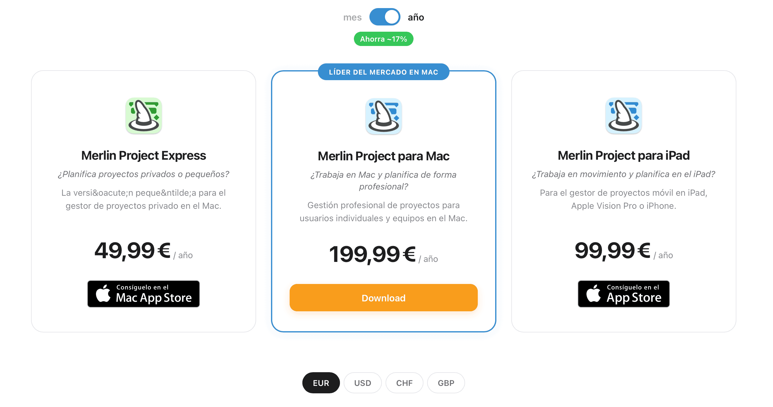 Precios y planes de un vistazo, reunidos tras el botón de descarga