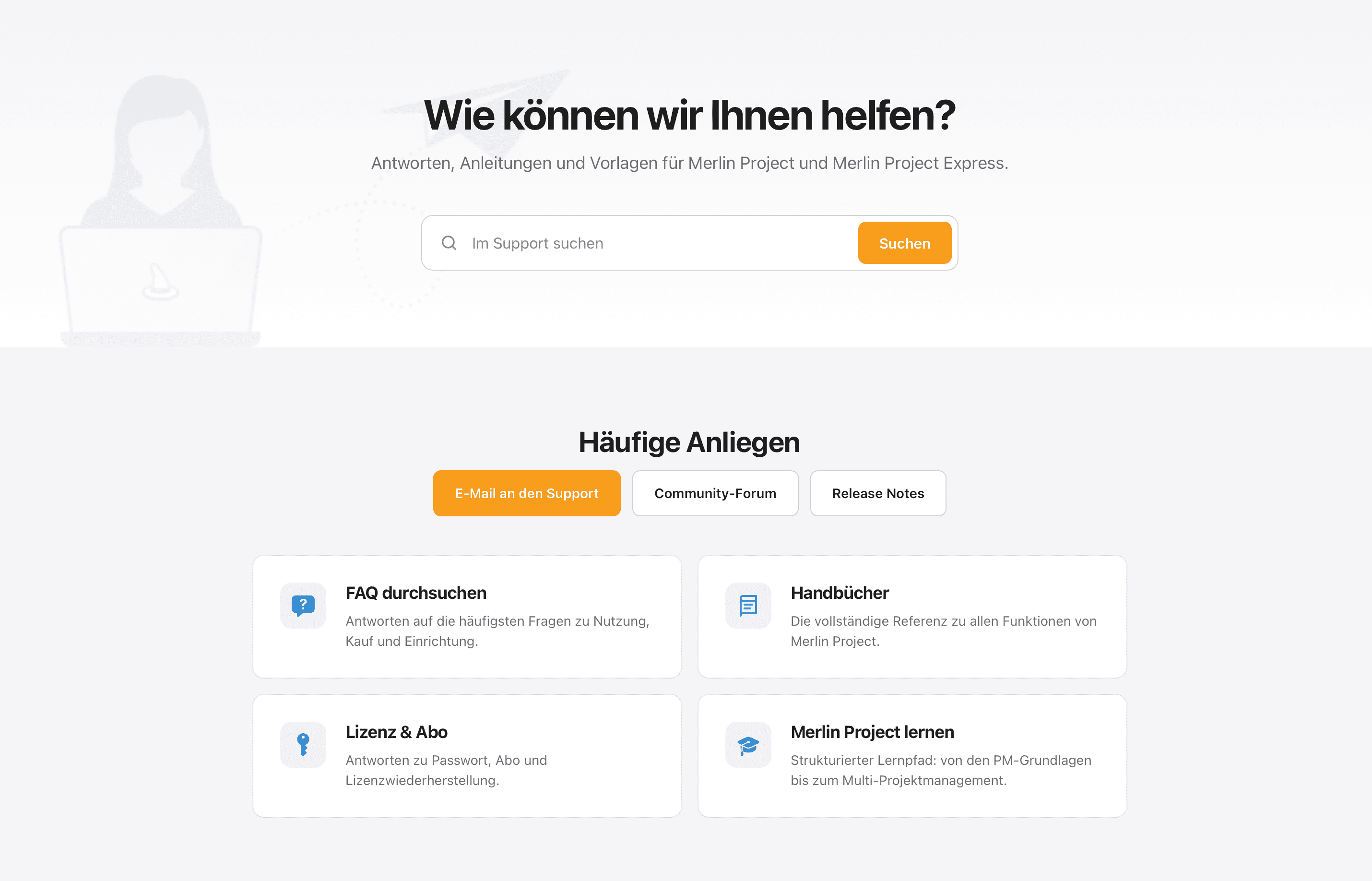 Der neue Supportbereich zeigt die häufigsten Anliegen zuerst