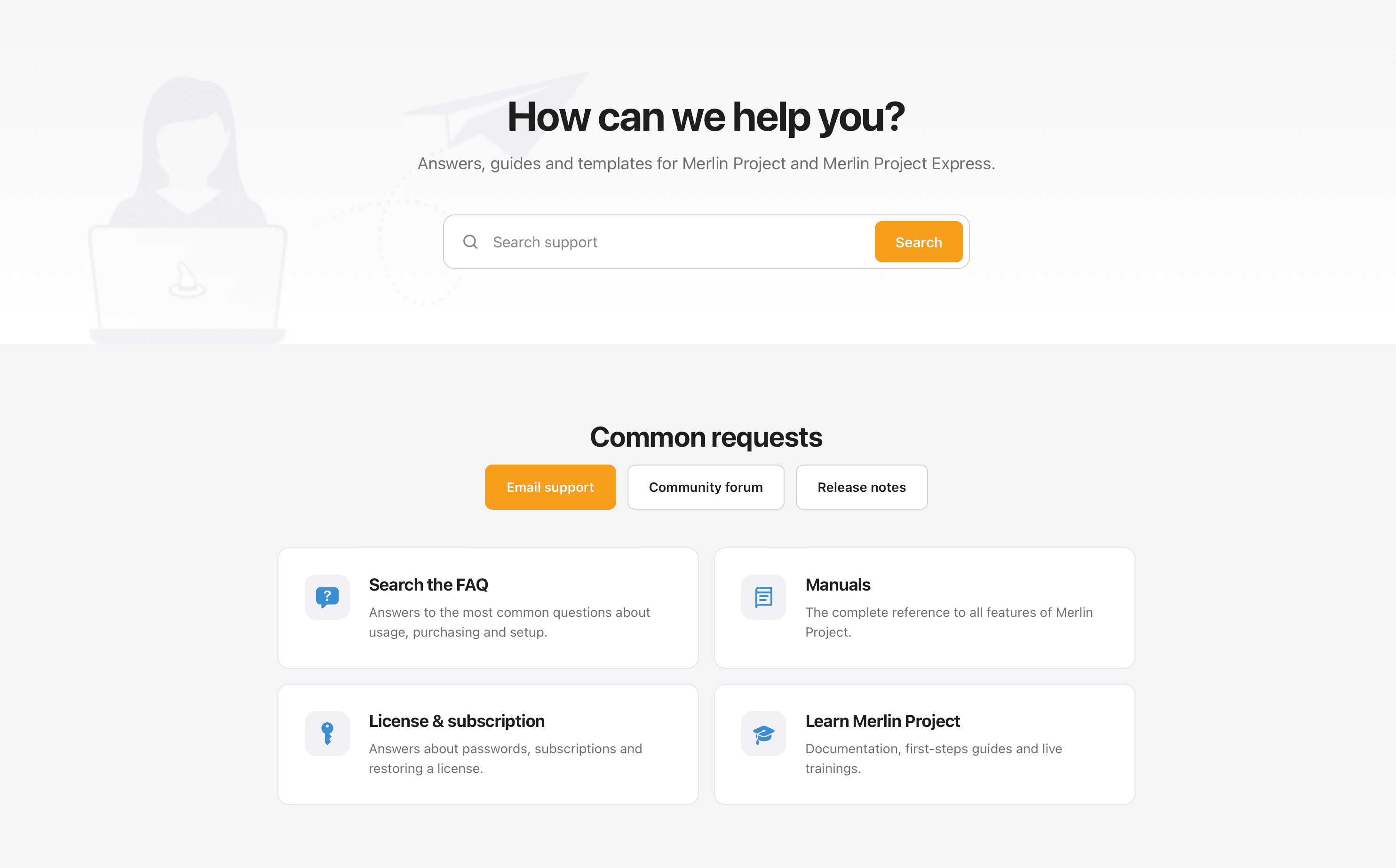 The new support area shows the most frequent topics first