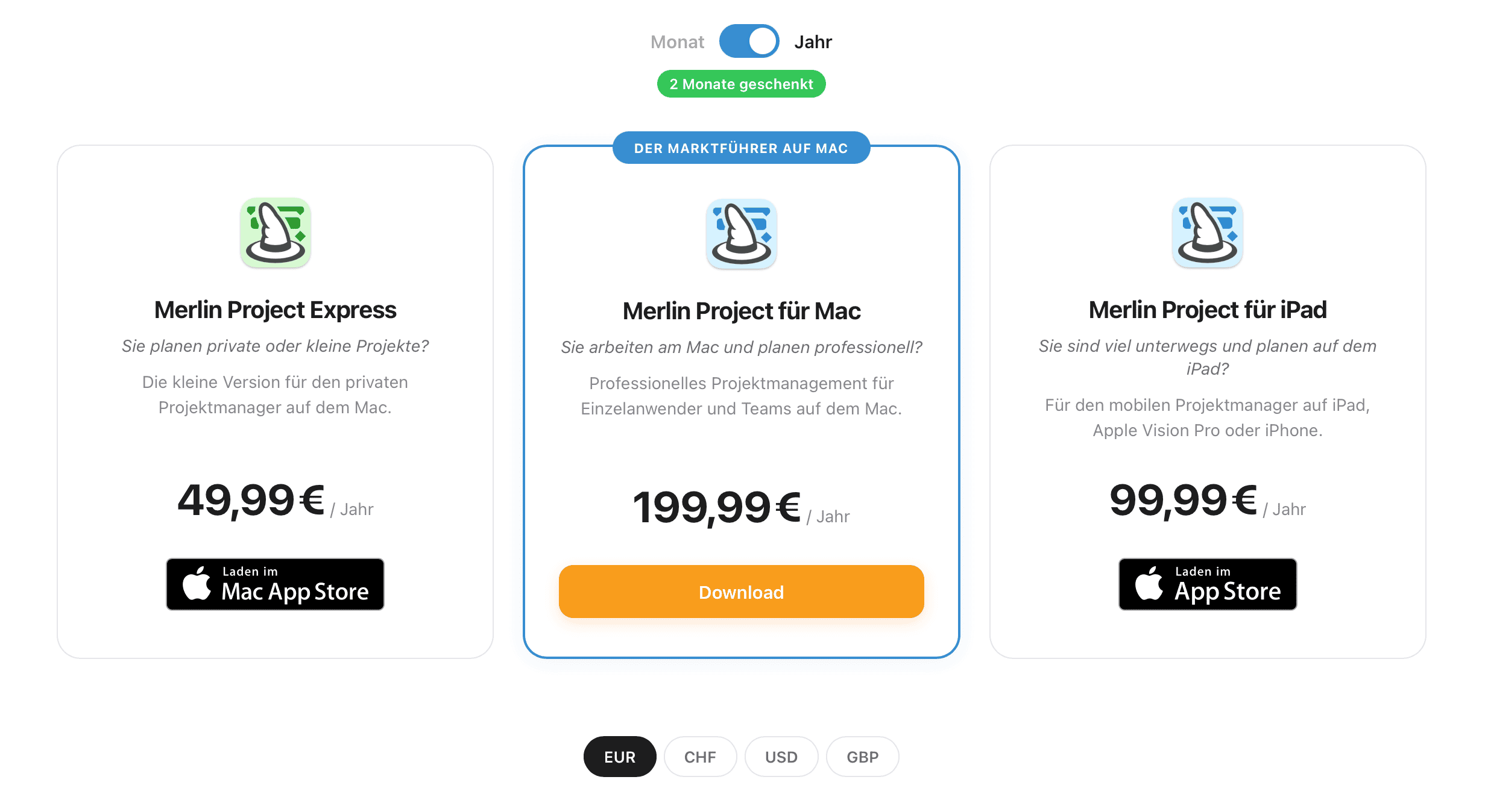 Preise und Pakete auf einen Blick, gebündelt hinter dem Download-Button