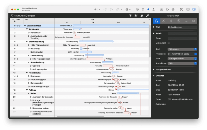 Gantt-Diagramm in Merlin Project mit rot markiertem kritischem Pfad und aktivem Blitz-Symbol in der Symbolleiste