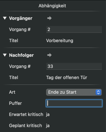 Inspektor Abhängigkeit in Merlin Project mit Vorgänger, Nachfolger, Verknüpfungsart und dem Feld Puffer