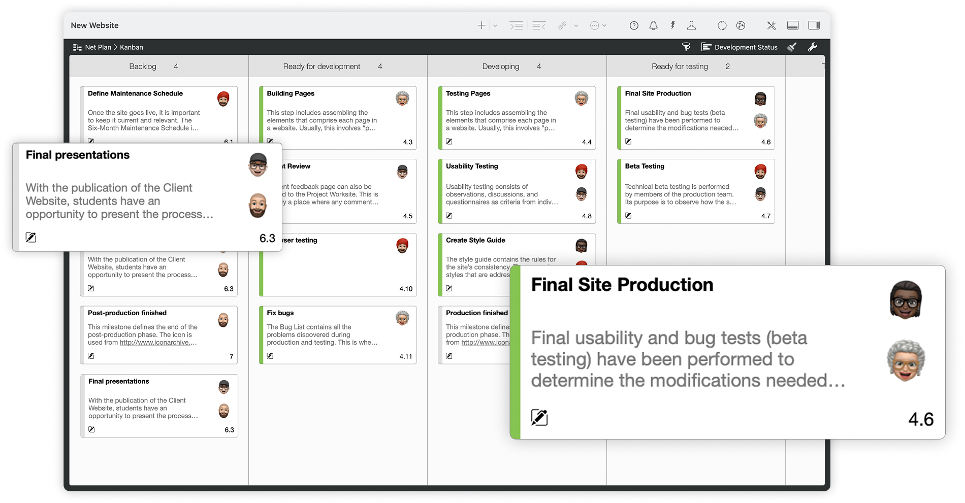 Tarjetas del tablero Kanban de Merlin Project