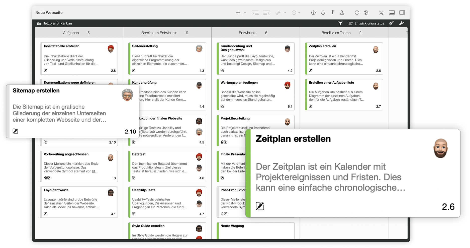 Karten im Merlin Project Kanban-Board Karten im Merlin Project Kanban-Board