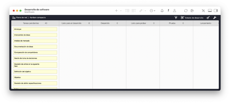 Plantilla de Merlin Project para proyectos de desarrollo de software como vista Kanban