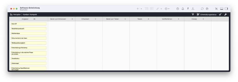 Merlin Project-Vorlage für Softwareentwicklungsprojekte als Kanban-Ansicht Merlin Project-Vorlage für Softwareentwicklungsprojekte als Kanban-Ansicht