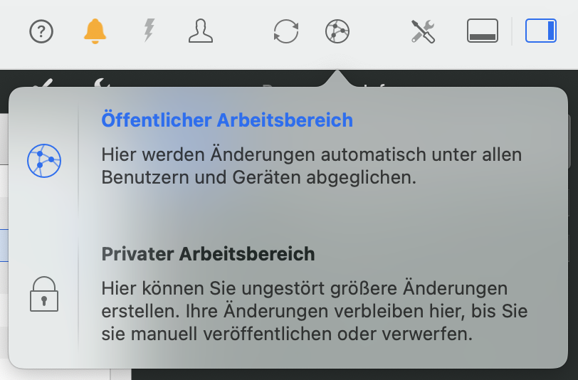 Sie können in Merlin Project zwischen dem privaten und dem öffentlichen Arbeitsbereich wechseln Sie können in Merlin Project zwischen dem privaten und dem öffentlichen Arbeitsbereich wechseln