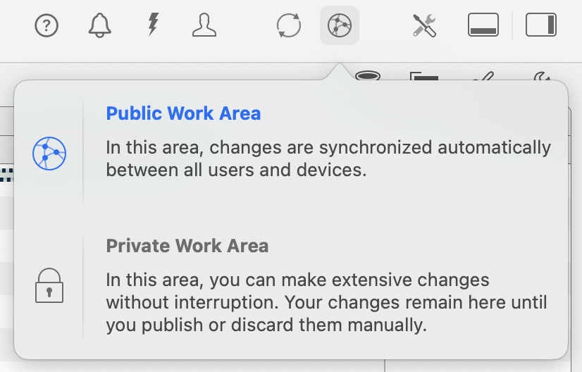 You can switch between the private and public work area in Merlin Project