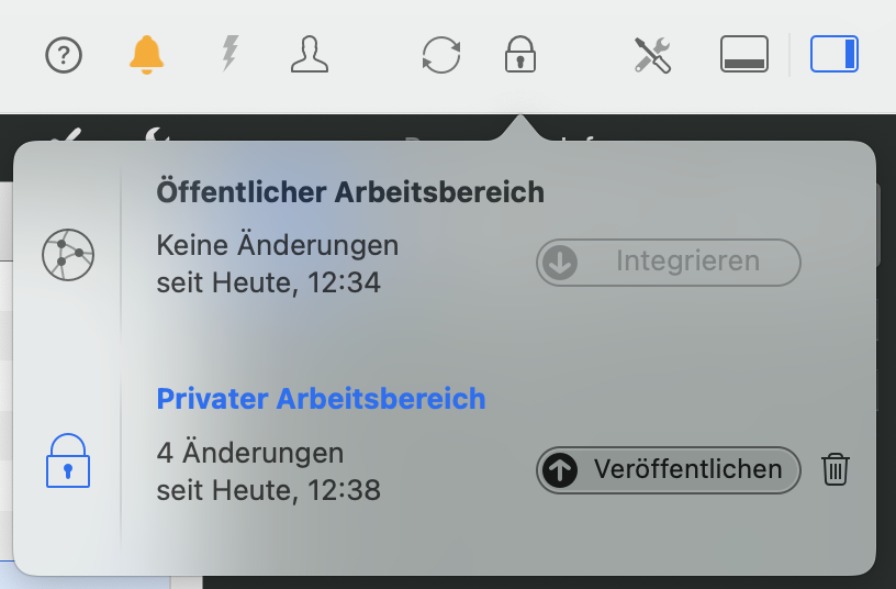Im privaten Arbeitsbereich können Sie arbeiten, ohne Ihre Änderungen anderen Benutzern zu zeigen. Sobald Sie fertig sind, klicken Sie einfach auf Veröffentlichen, um Ihre Änderungen mit anderen zu synchronisieren Im privaten Arbeitsbereich können Sie arbeiten, ohne Ihre Änderungen anderen Benutzern zu zeigen. Sobald Sie fertig sind, klicken Sie einfach auf Veröffentlichen, um Ihre Änderungen mit anderen zu synchronisieren