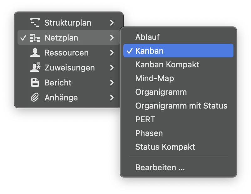 Wählen Sie die Kanban-Ansicht in Merlin Project
