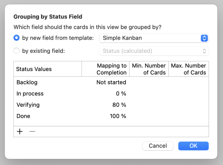 Define status fields in Merlin Project by creating new fields from a template or choosing custom fields that suit your requirements