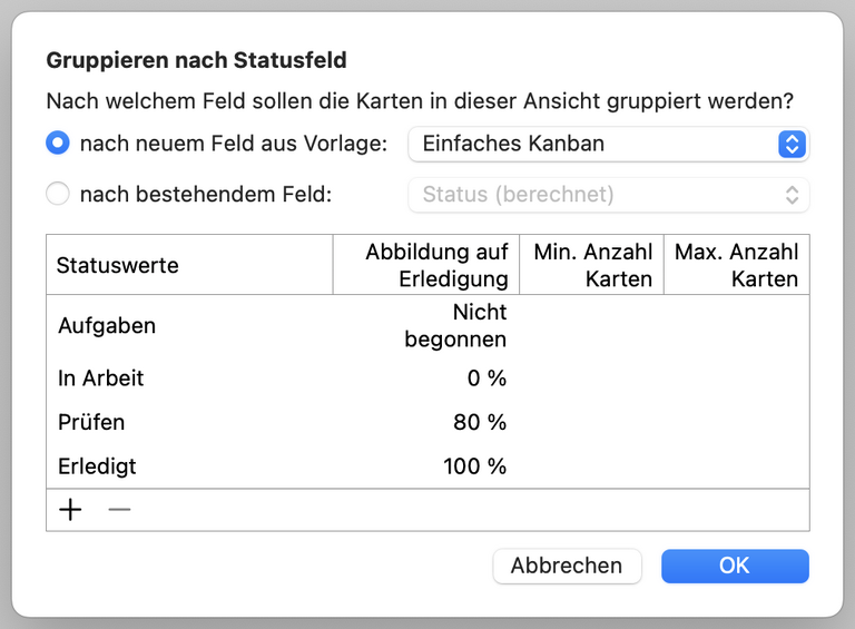 Definieren Sie Statusfelder in Merlin Project, indem Sie neue Felder aus einer Vorlage erstellen oder benutzerdefinierte Felder auswählen, die Ihren Anforderungen entsprechen