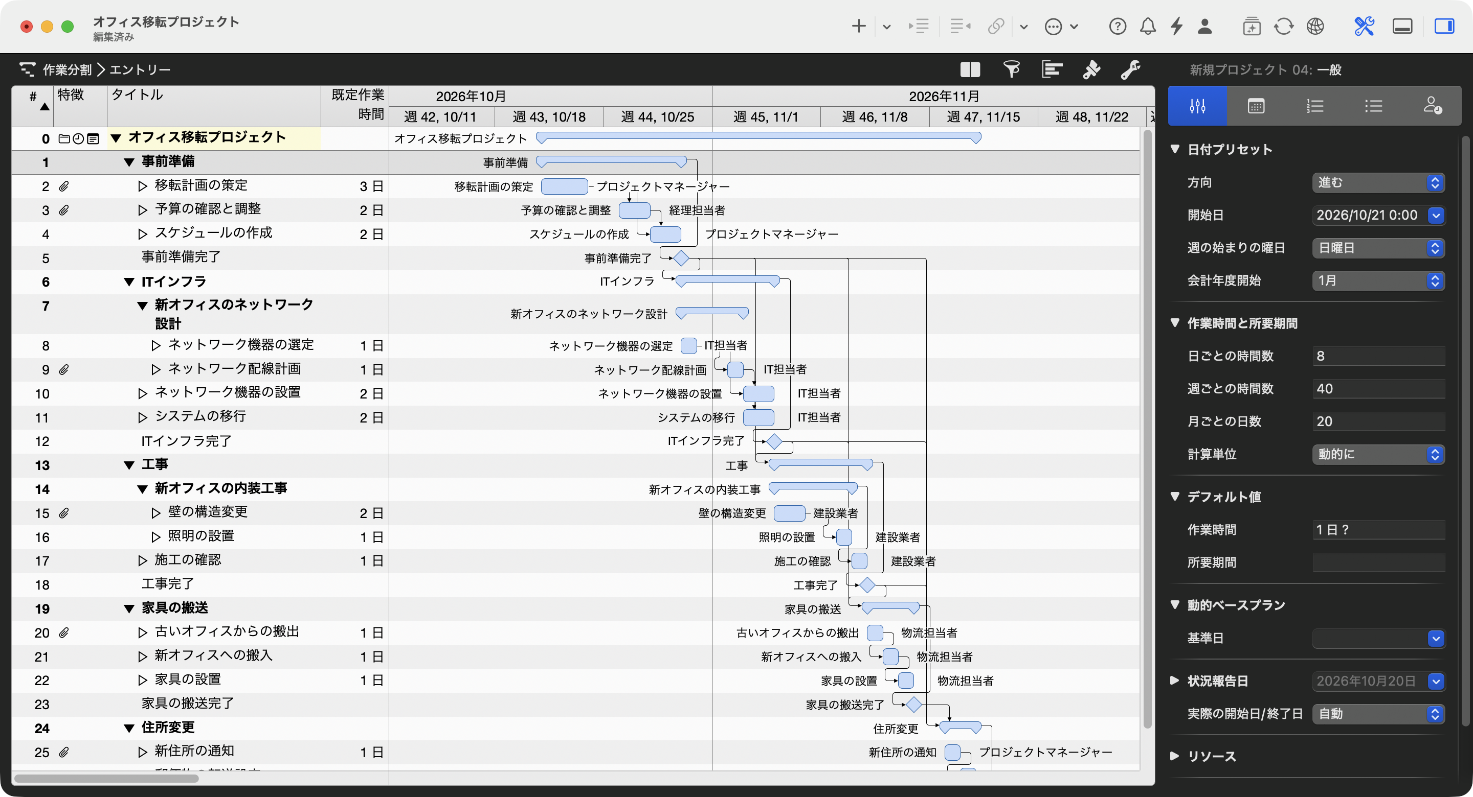 作業分割に生成されたオフィス移転プロジェクト アシスタントが生成したオフィス移転プロジェクトの作業分割。フェーズ、日単位のアクティビティ、マイルストーン、依存関係