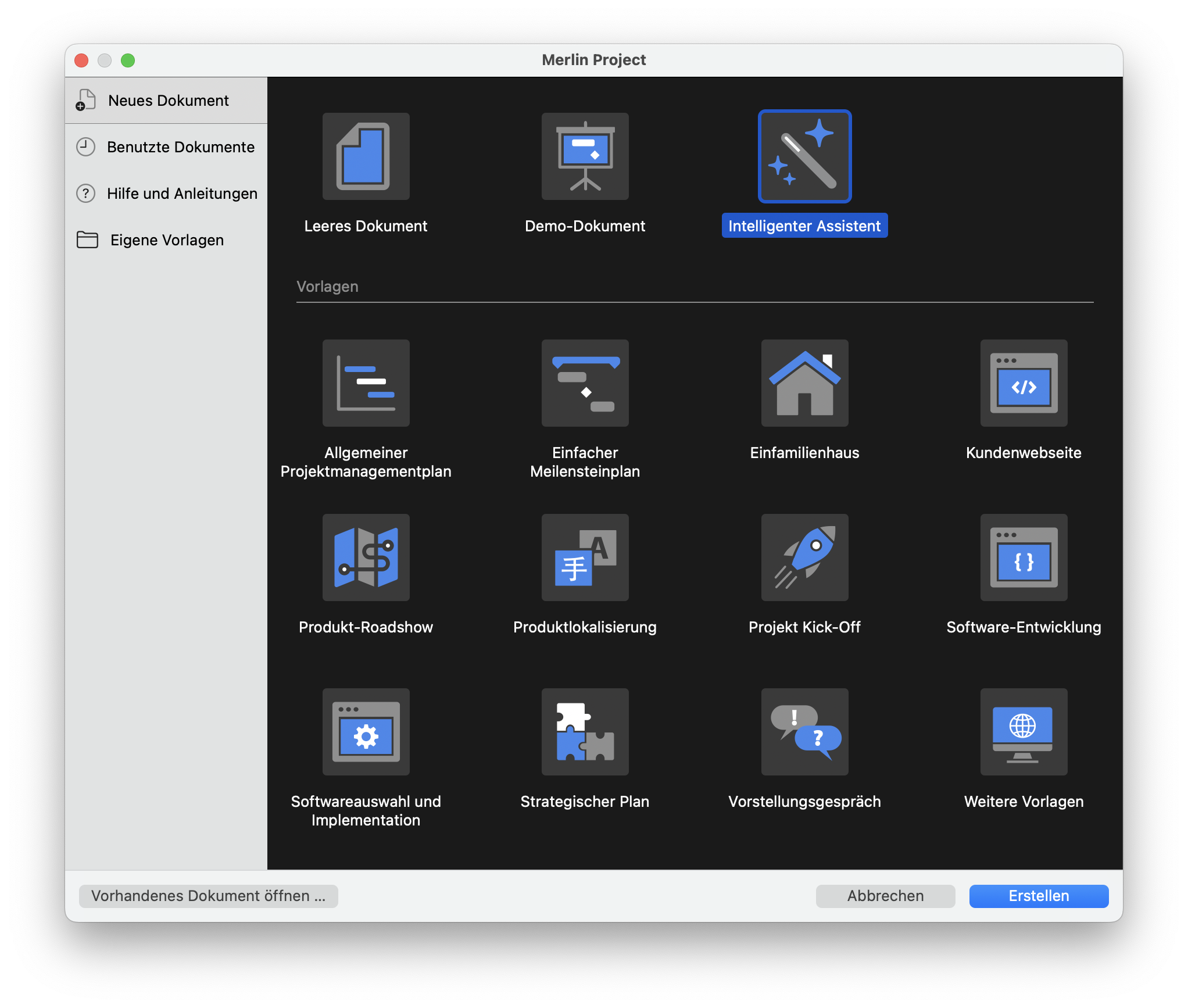 Das Start Menü in Merlin Project