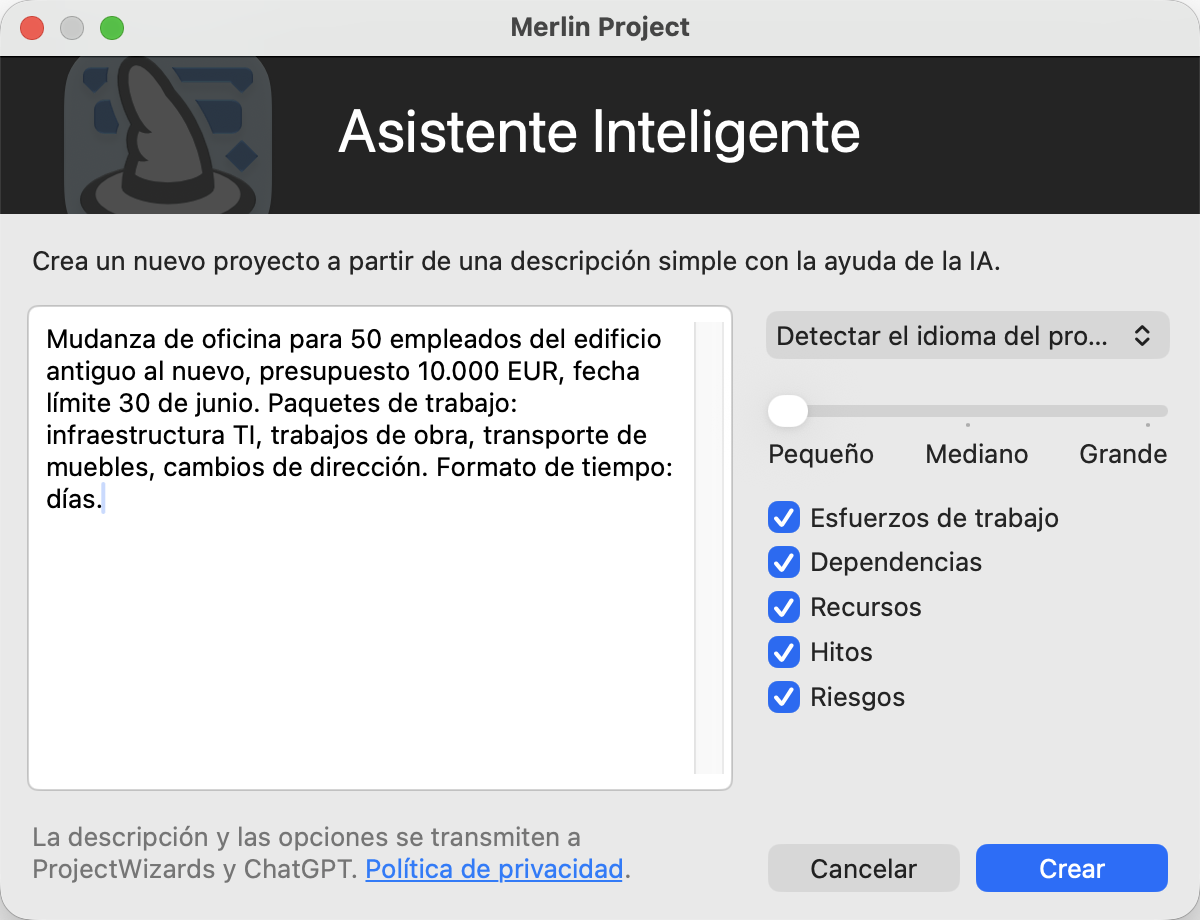 Diálogo Asistente Inteligente con la descripción del proyecto, el idioma, el regulador del tamaño del proyecto y las opciones Esfuerzos de trabajo, Dependencias, Recursos, Hitos y Riesgos