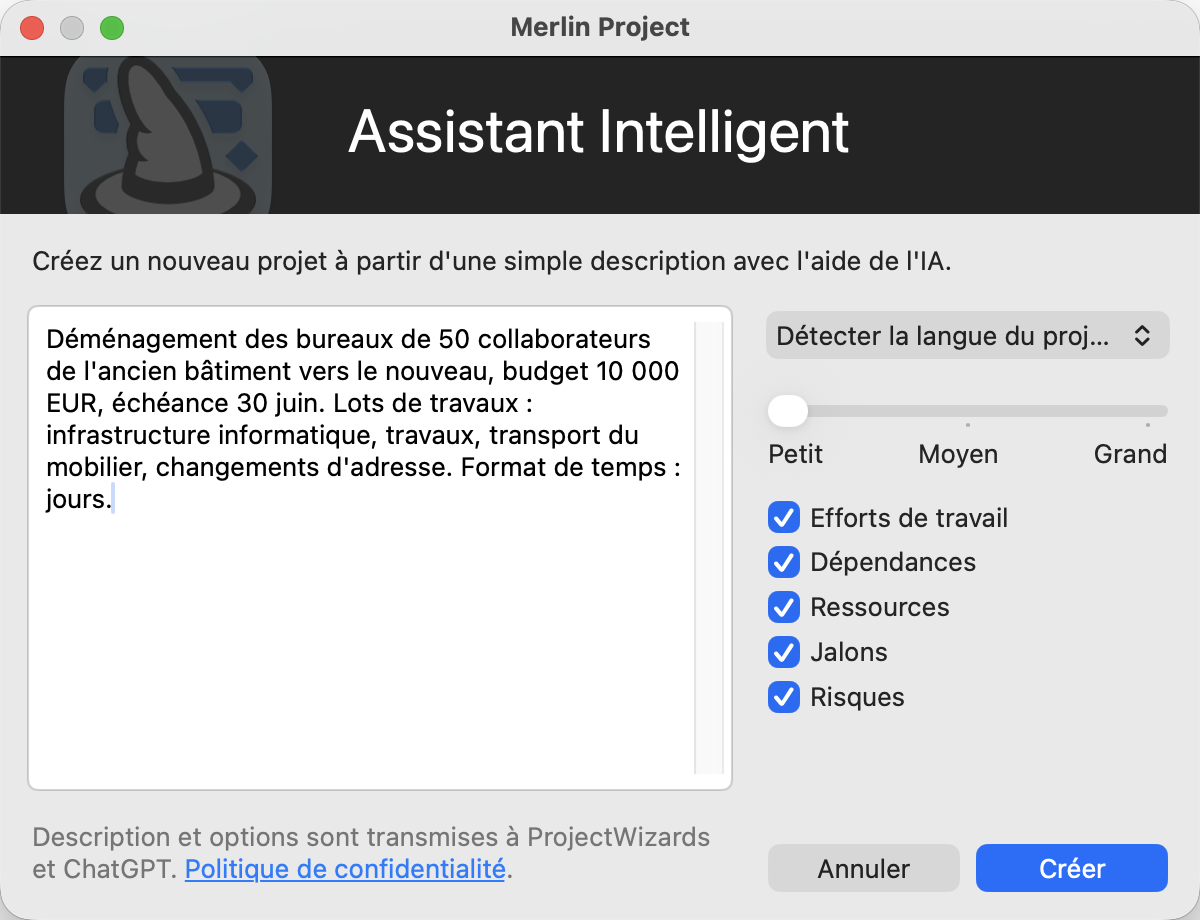 Dialogue Assistant intelligent avec la description du projet, la langue, le curseur de taille du projet et les options Efforts de travail, Dépendances, Ressources, Jalons et Risques