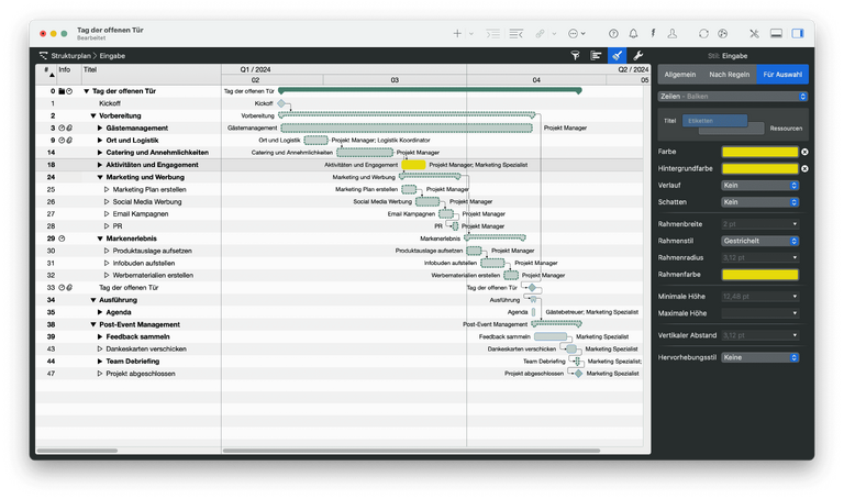 Ein einzelner Vorgang wurde in leuchtendem Gelb markiert Ein einzelner Vorgang wurde in leuchtendem Gelb markiert