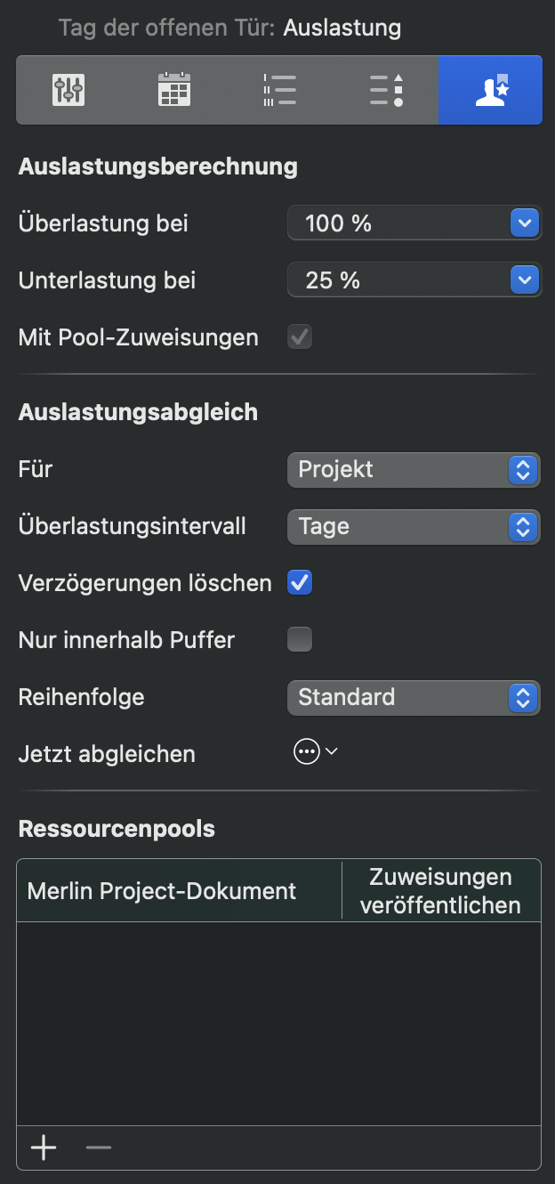 Der Auslastungsinspektor in Merlin Project