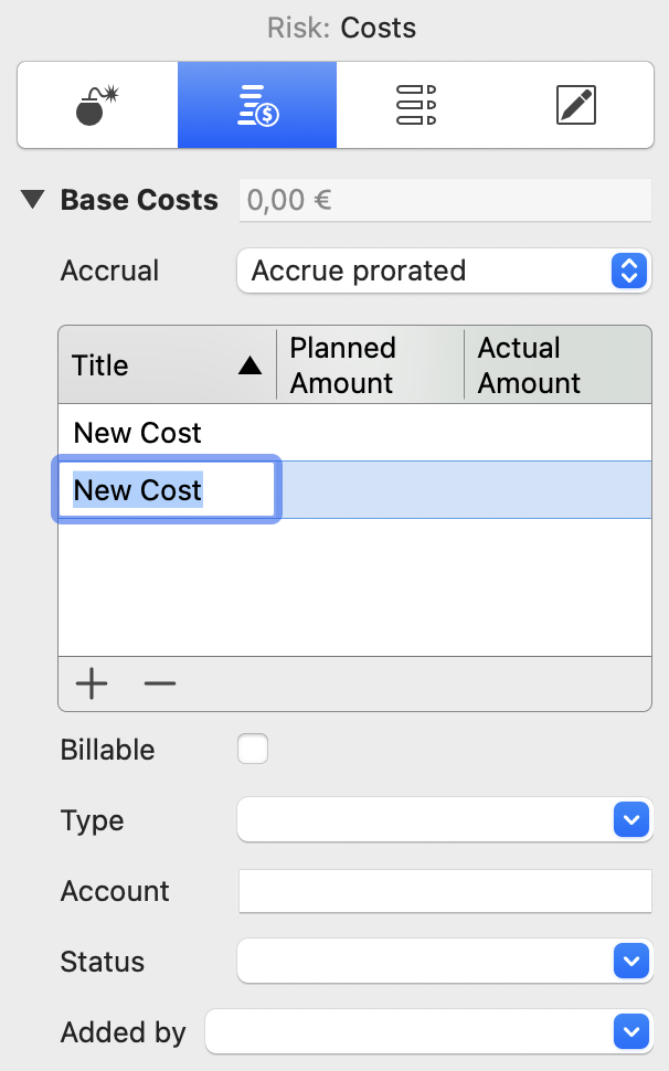 The Risk Costs Tab in the Inspector in Merlin Project