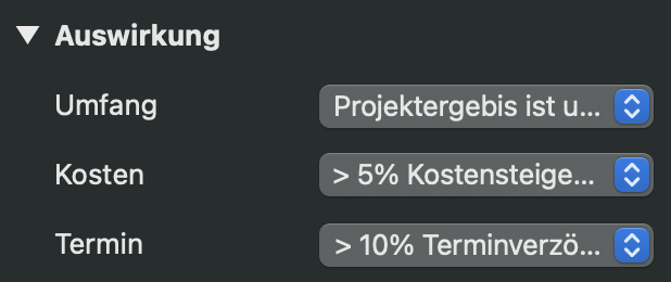 Der Abschnitt Risikoauswirkungen im Inspector in Merlin Project