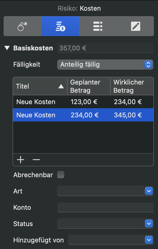 Der Tab Risikokosten im Inspektor in Merlin Project