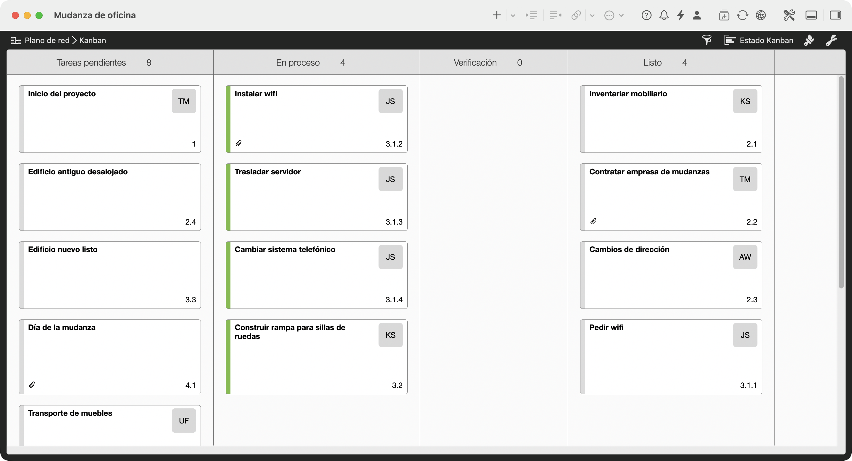 Tablero Kanban de la mudanza de oficina con las columnas Tareas pendientes, En proceso, Verificación y Listo
