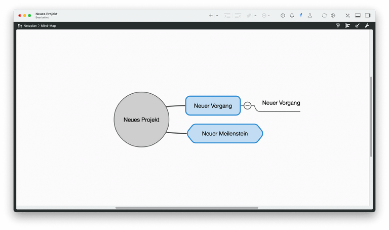 Eine neue Mind Map in Merlin Project mit Vorgängen und Meilensteinen Eine neue Mind Map in Merlin Project mit Vorgängen und Meilensteinen