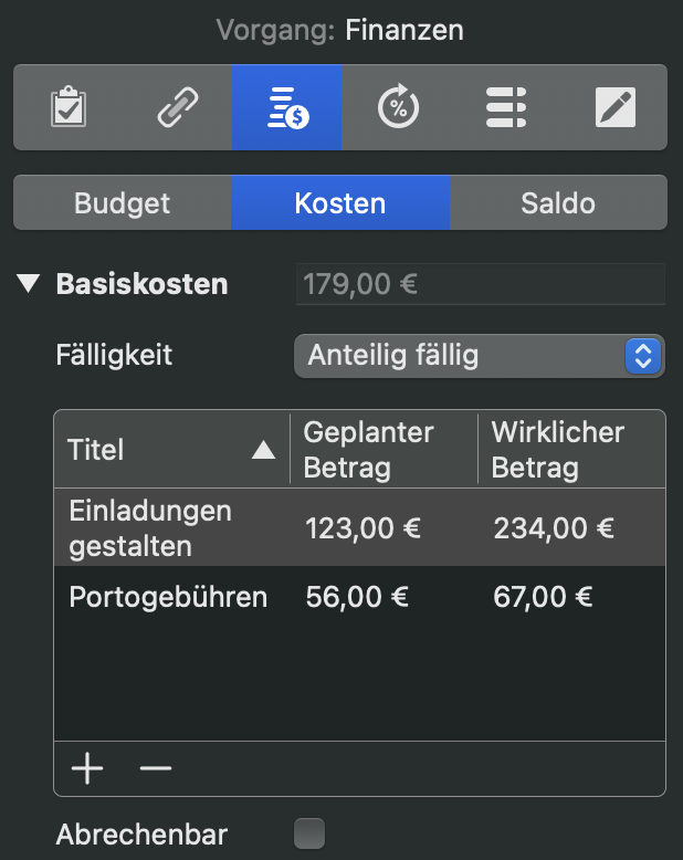 Beispiel für das Einfügen von Kosten in die Veranstaltung Tag der offenen Tür in Merlin Project