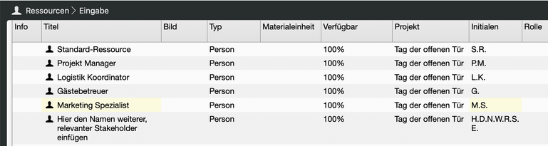 Die Ressourcenansicht in Merlin Project