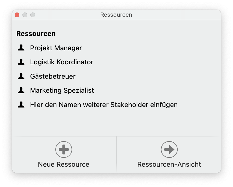 Das Ressourcenfenster in Merlin Project Das Ressourcenfenster in Merlin Project