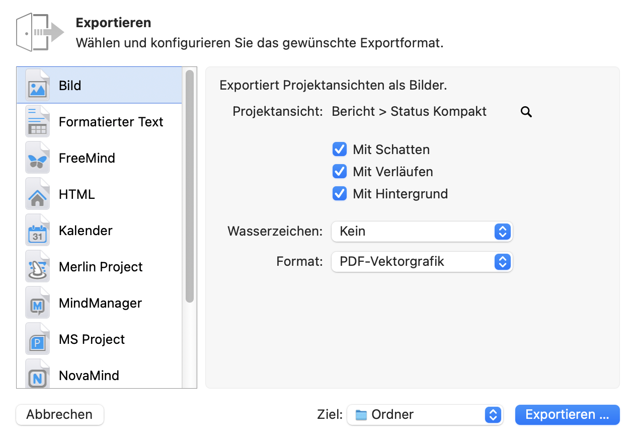 Wählen und konfigurieren Sie das gewünschte Exportformat in Merlin Project Wählen und konfigurieren Sie das gewünschte Exportformat in Merlin Project
