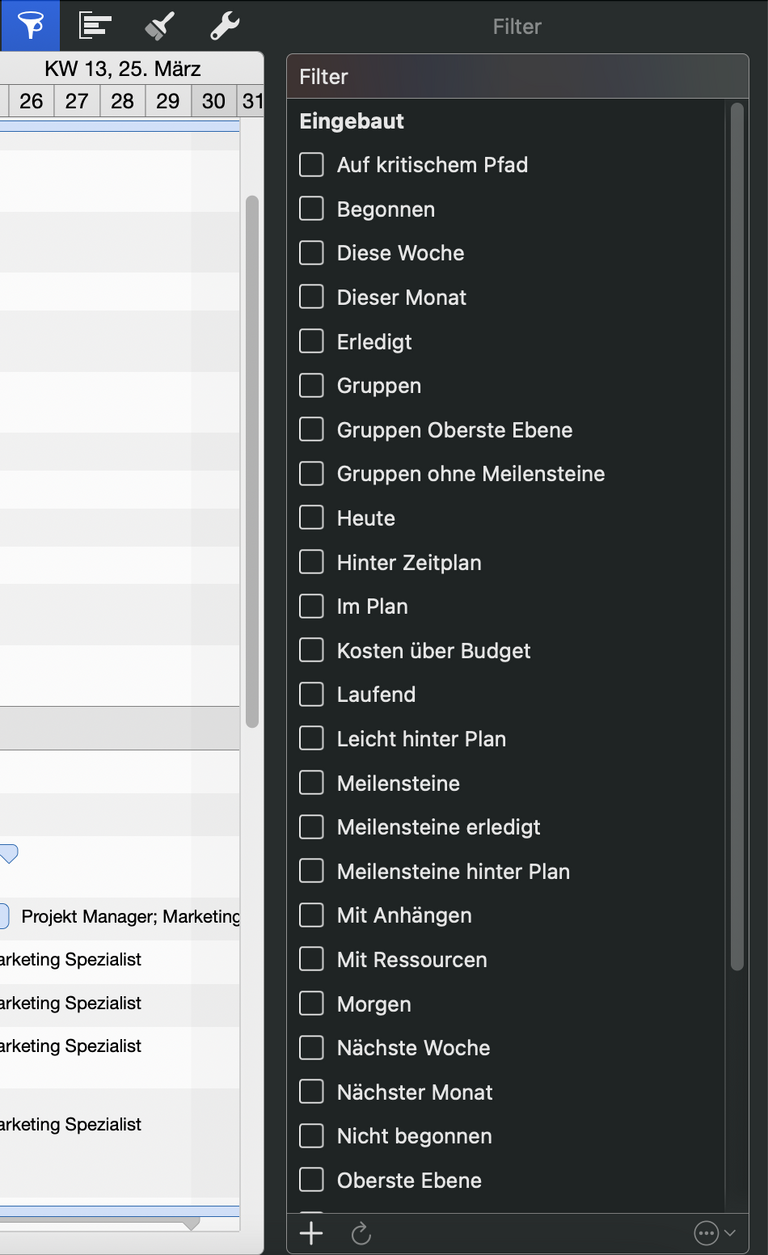 Den Filterinspektor in Merlin Project können Sie aufrufen, indem Sie auf das Trichtersymbol in der Funktionsleiste klicken (blau hervorgehoben)