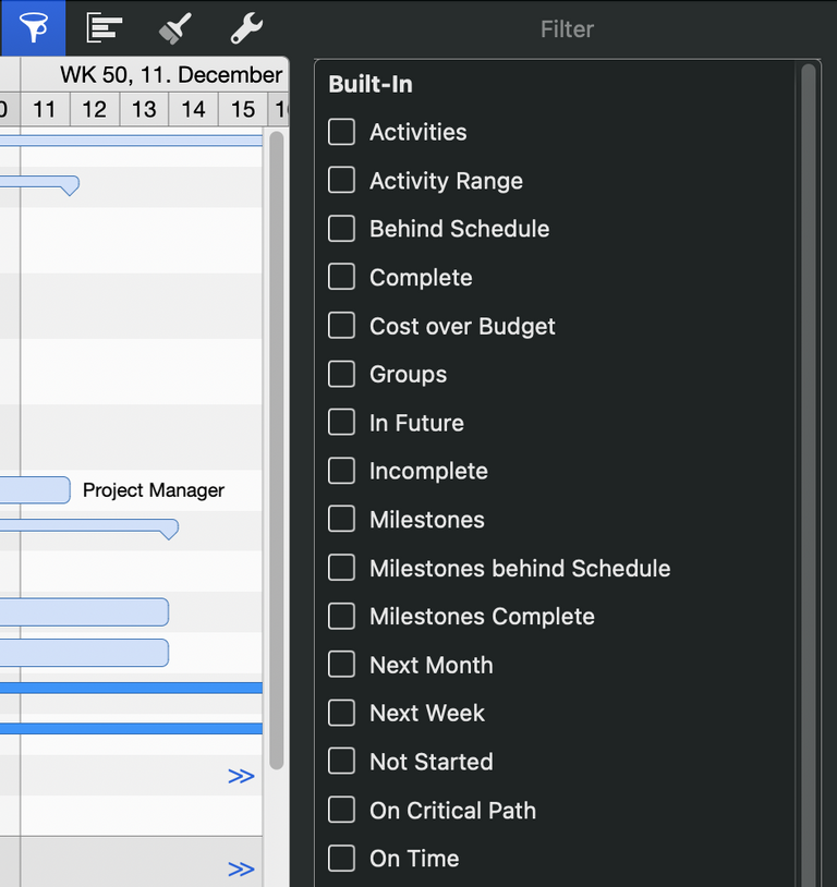 The Filter Inspector in Merlin Project can be viewed by clicking on the funnel icon in the Function Bar (highlighted in blue)