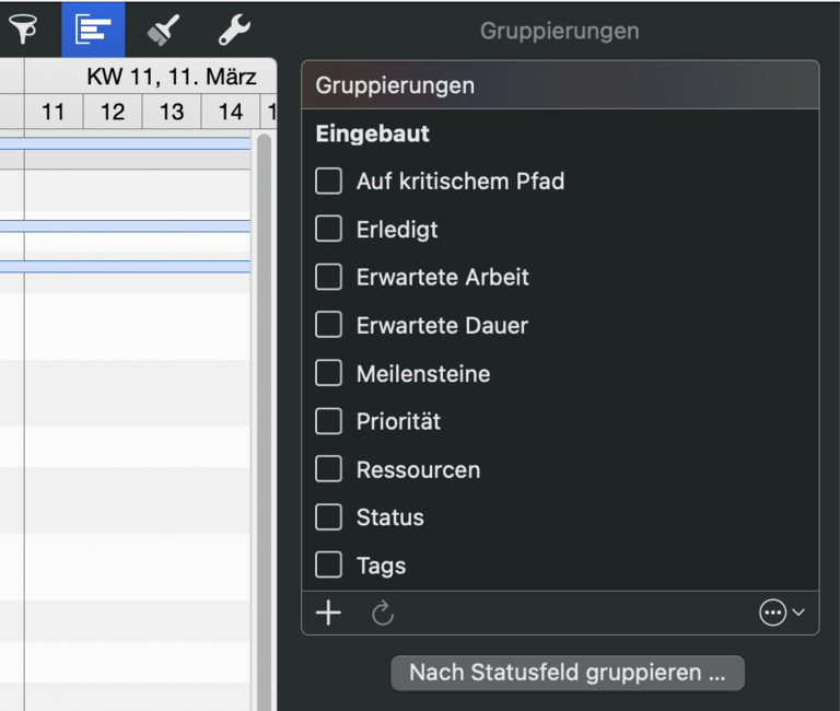 Klicken Sie auf das hervorgehobene Symbol (blau), um Gruppierungen in Merlin Project zu aktivieren. In diesem Bild wurden Meilensteine und Vorgänge separat gruppiert Klicken Sie auf das hervorgehobene Symbol (blau), um Gruppierungen in Merlin Project zu aktivieren. In diesem Bild wurden Meilensteine und Vorgänge separat gruppiert