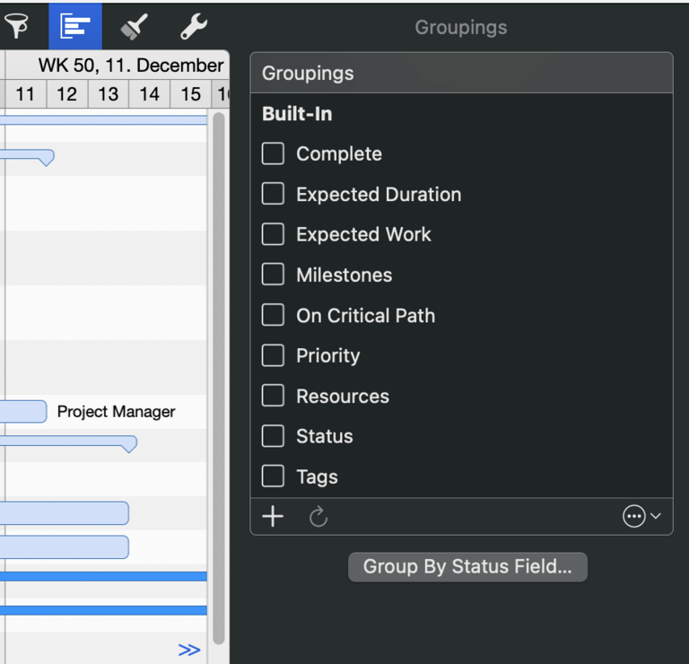 Click on the highlighted icon (blue) to activate groupings in Merlin Project. In this image, milestones and activities have been grouped separately