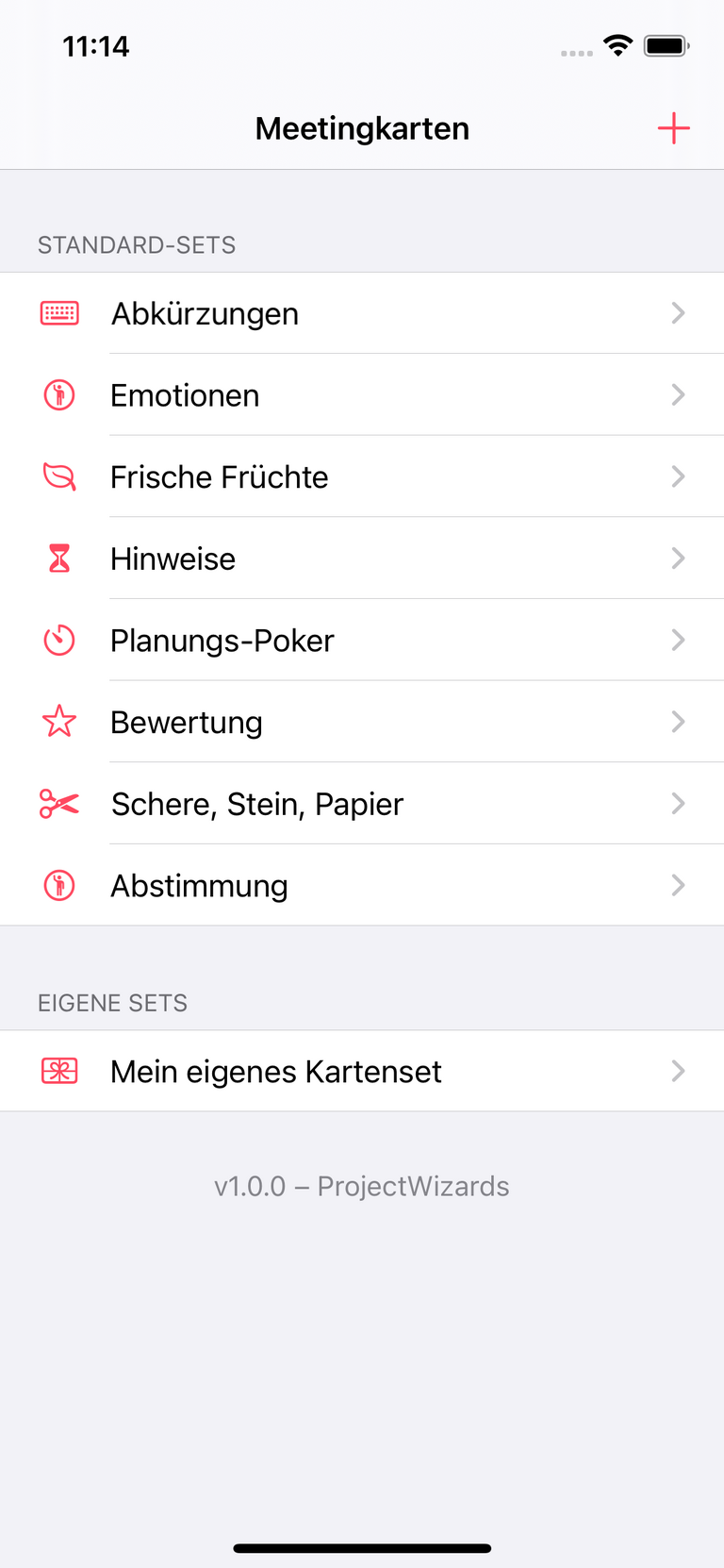Meetingkarten mit den verfügbaren Kartensets