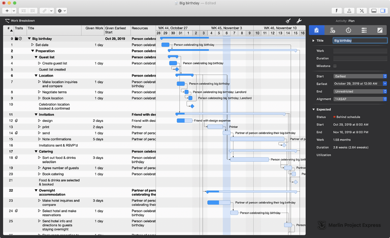 Work Breakdown in Merlin Project Express