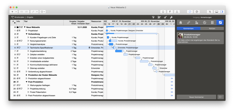 Annotations in the Gantt-Chart in Merlin Project