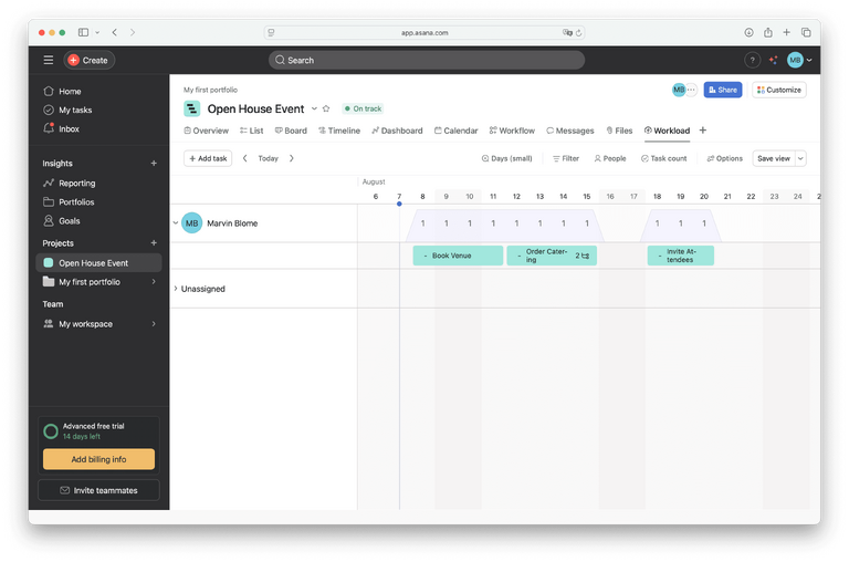 Vista de carga de trabajo/capacidad de Asana